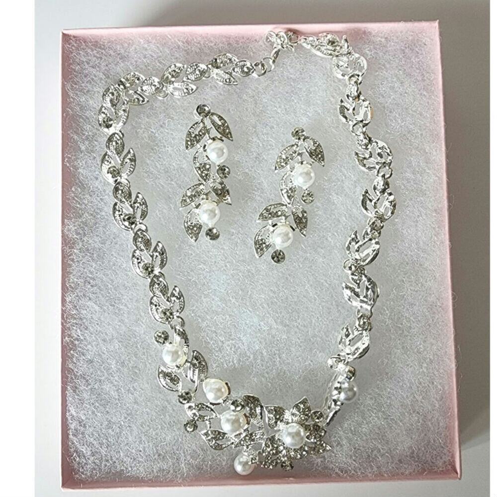 Faux Pearl Rhinestone Silver Tone Metal Leaf Design Necklace & Earrings Set # 7